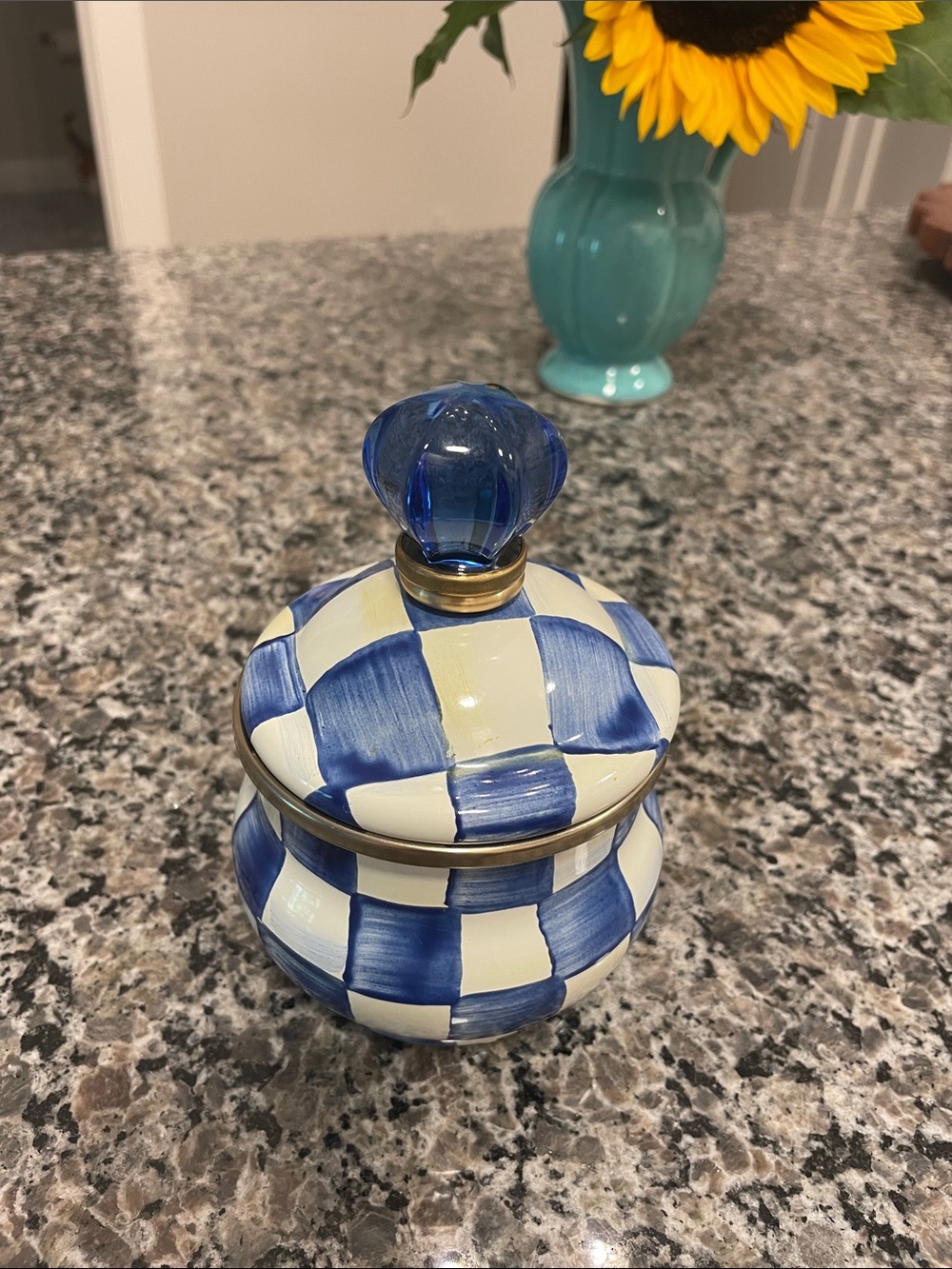 MacKenzie-Childs Blue and Cream Checkered Ceramic Jar